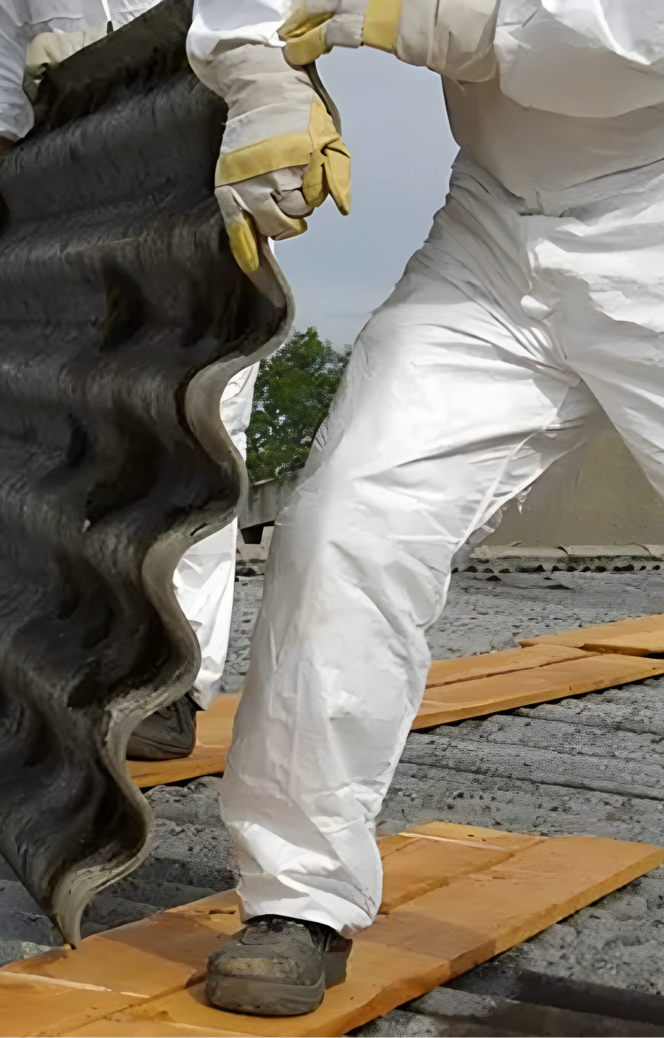 Asbestos remover on roof handling panels